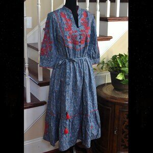 Eshakti Blue Peasant Embroidered in Red Cotton tiered Maxi Dress CUSTOM 10